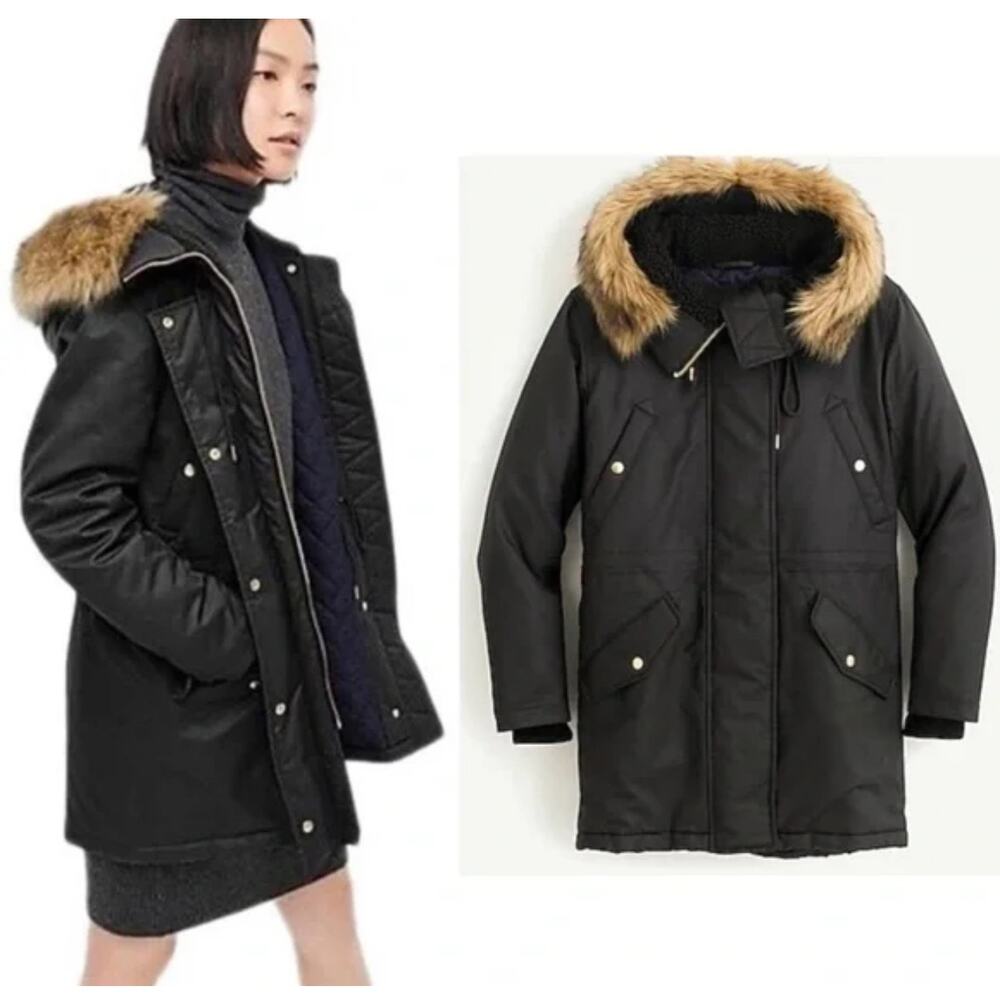 J Crew Perfect Winter Parka with eco friendly Primaloft‎ Size XS Fur Hood